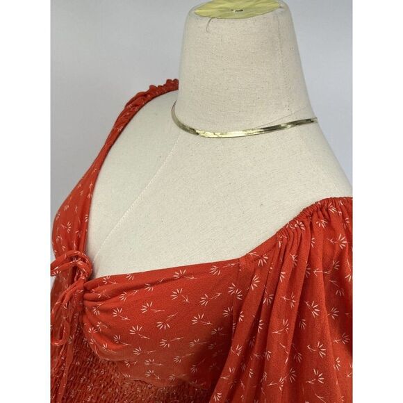 Urban Outfitters Womens Orange Top Smocked Crop Floral  Puff Sleeve Large - Picture 5 of 12